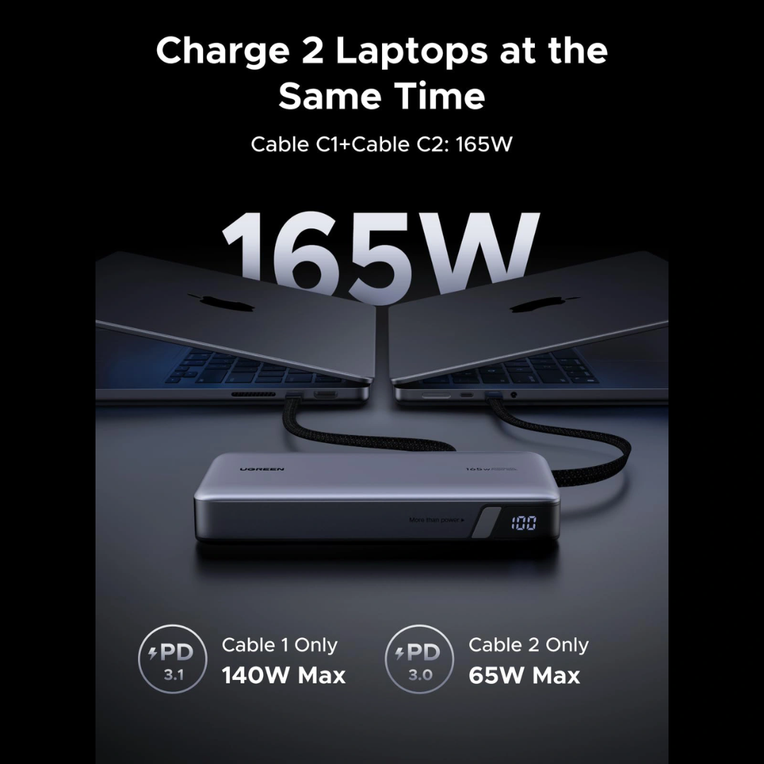 UGREEN 55995B 165W 25000mAh Laptop Charging Power Bank with Built-in Dual Type-C Cable