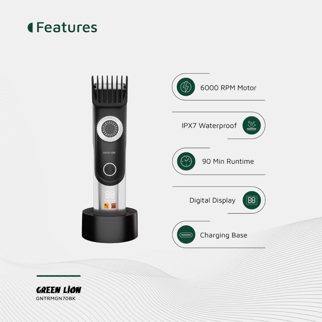 Green Lion GL-TM41 Trim Gen”70 Body Hair Trimmer with 3 Speed Levels, LED Status Indicator, Corded &amp; Cordless Use, Charging Base, 1.5 Hours Working Time, 6000RPM Motor