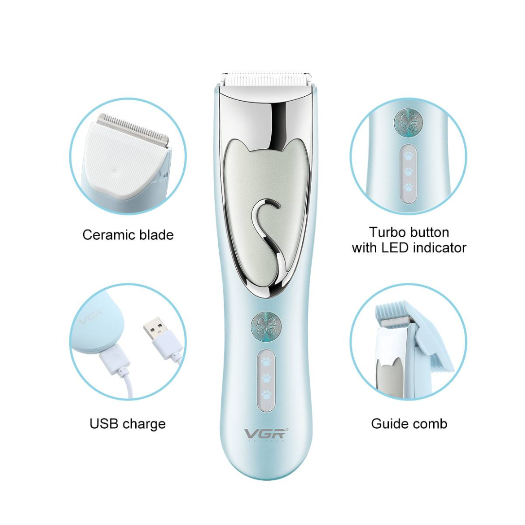 VGR V-203 Professional Pet Trimmer USB Rechargeable Washable Turbo Motor Ceramic Blade 2 Speed Settings for Dog and Cat Grooming Hair Clipper