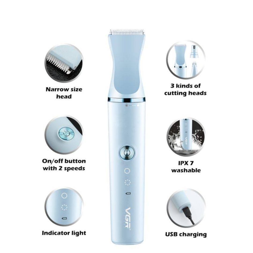 VGR V-205 Professional Pet Grooming Kit 3 in 1 USB Rechargeable Hair Trimmer Nail Grinder &amp; Detail Trimmer for Dogs and Cats Washable &amp; Quiet Design