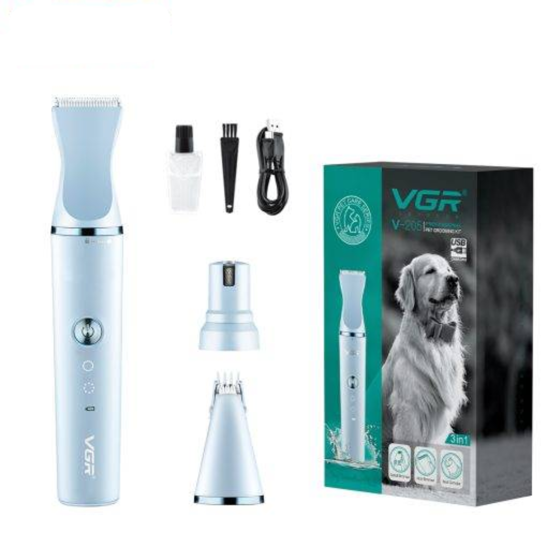 VGR V-205 Professional Pet Grooming Kit 3 in 1 USB Rechargeable Hair Trimmer Nail Grinder &amp; Detail Trimmer for Dogs and Cats Washable &amp; Quiet Design