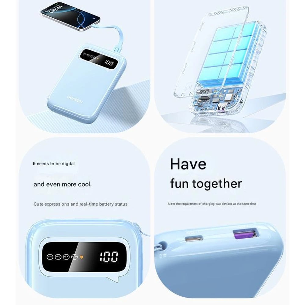 UGREEN 45423B 20W Two-Way Fast Charging 10000mAh Digital Display Power Bank with Built-in Type-C to Type-C Cable