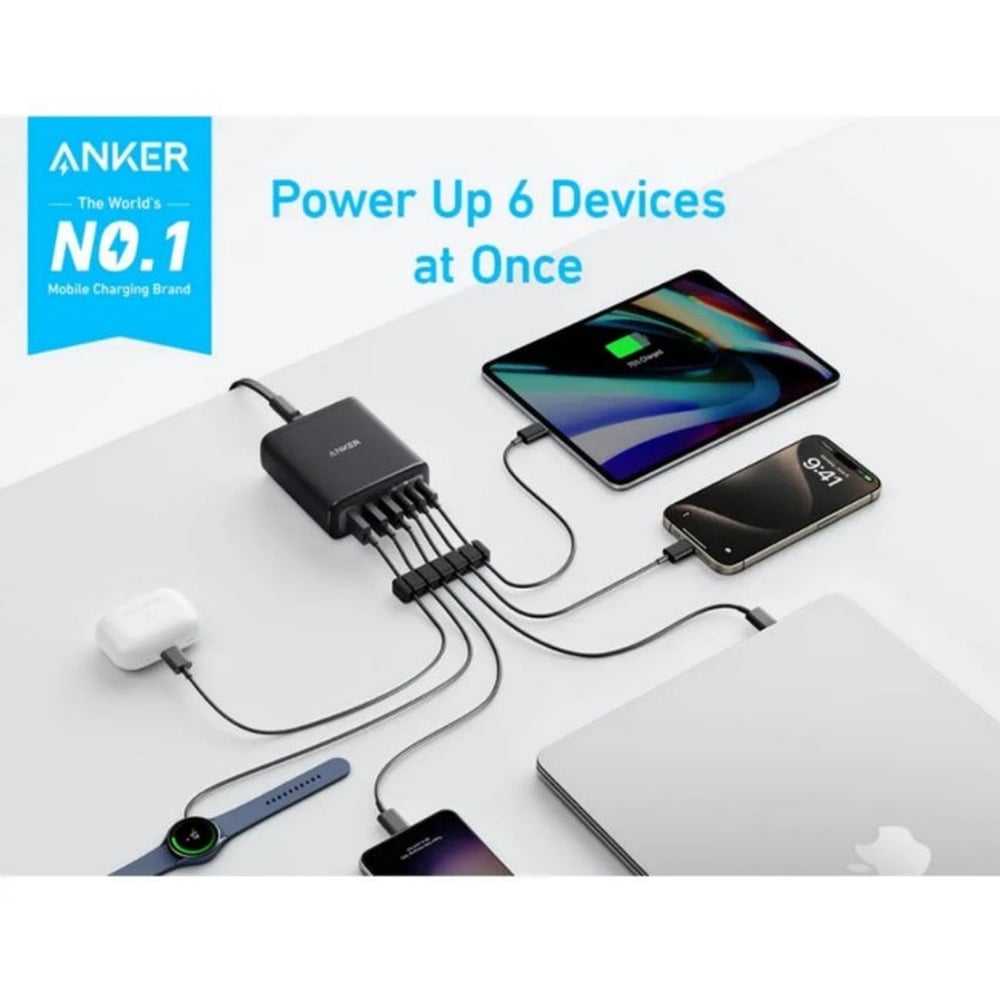 Anker A2154K11 112W 6 Ports 3-USB-C + 3 USB-A Multi-Device Fast Charging GaN Desktop Charger
