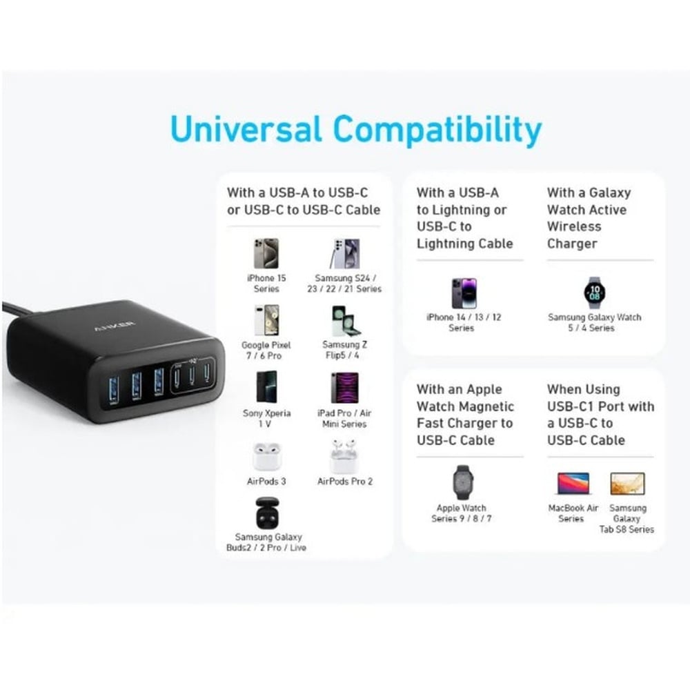 Anker A2154K11 112W 6 Ports 3-USB-C + 3 USB-A Multi-Device Fast Charging GaN Desktop Charger