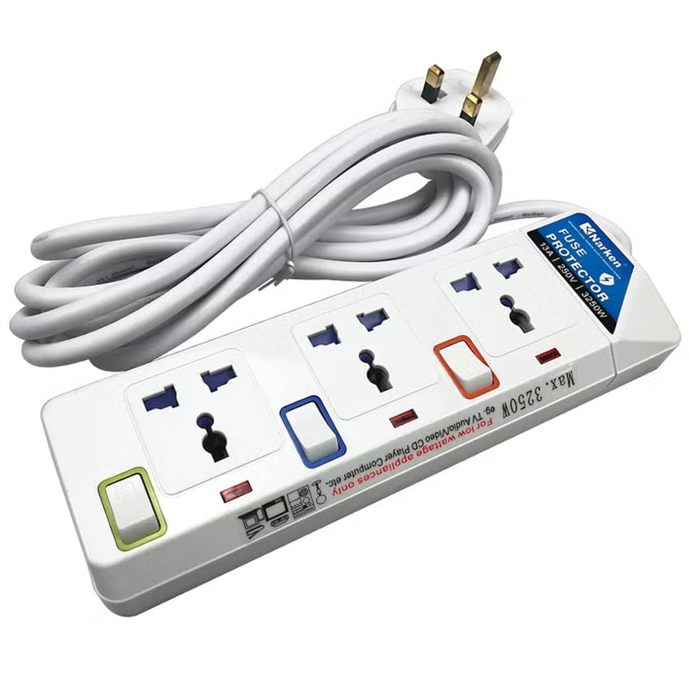 Marken 13A 2500W UK 3 Pin 3 Way Socket Universal Power Strip Extension Cord