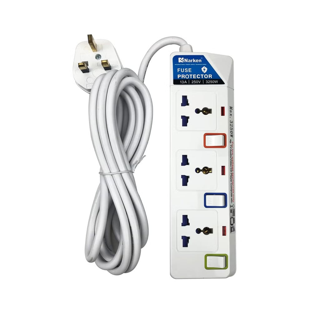 Marken 13A 2500W UK 3 Pin 3 Way Socket Universal Power Strip Extension Cord