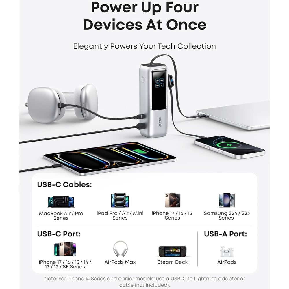 Anker A1695 25K 165W 25000mAh Laptop Power Bank with Built-In and Retractable Cables