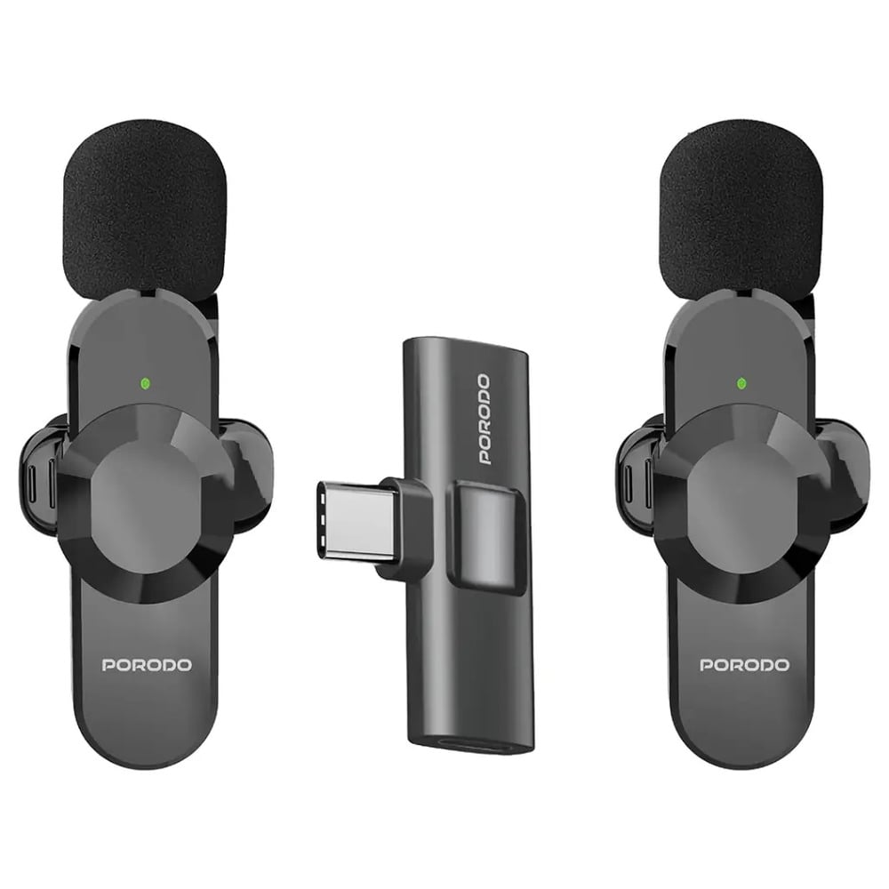 Porodo Audix Pro Lavalier Dual Microphone for USB-C Devices with Lightning Converter Adapter