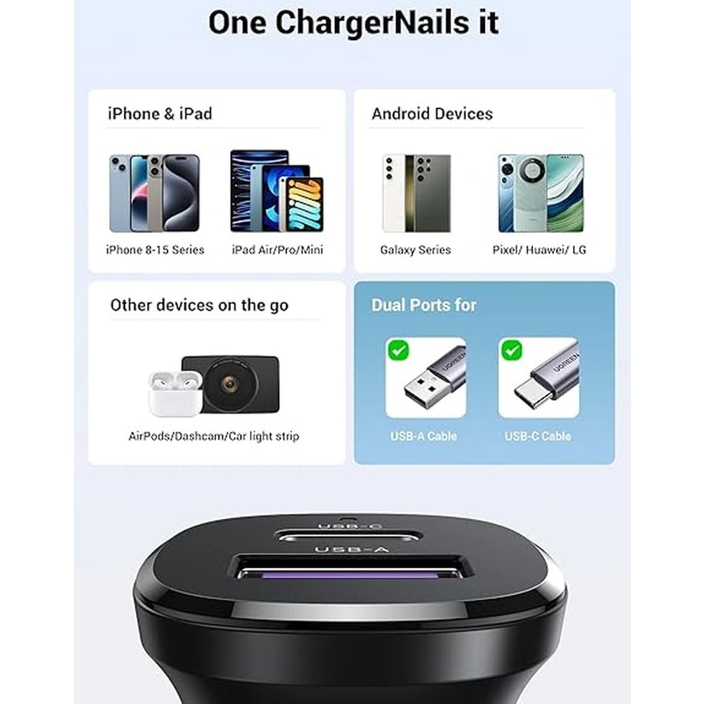 UGREEN 25845 30W Type-C + USB Dual Port Car Charger