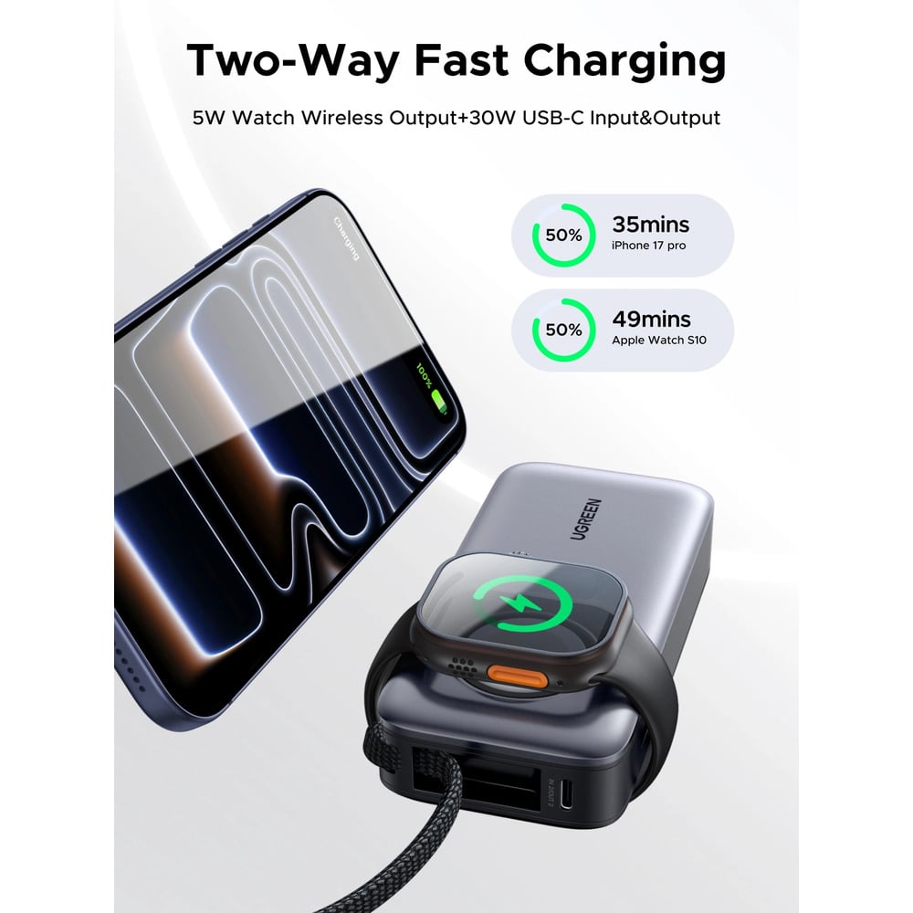 UGREEN 55434B 30W 10000mAh with Magnetic Apple Watch &amp; Inbuilt Type-C Cable Fast Charger Power Bank