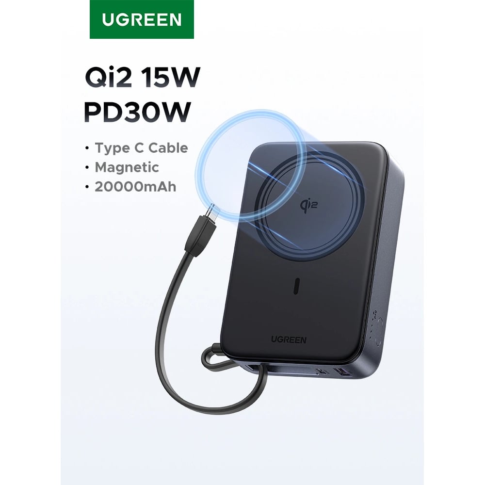 UGREEN 55450B 30W 20000mAh QI2 Magnetic Wireless Power Bank With built-int Type-C Cable