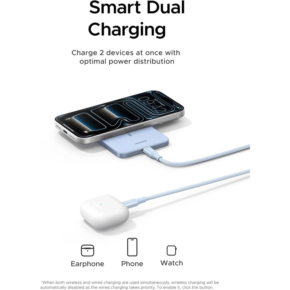 UGREEN 65840B 20W 5000mAh QI2 Aluminium Alloy Magnetic Wireless Power Bank