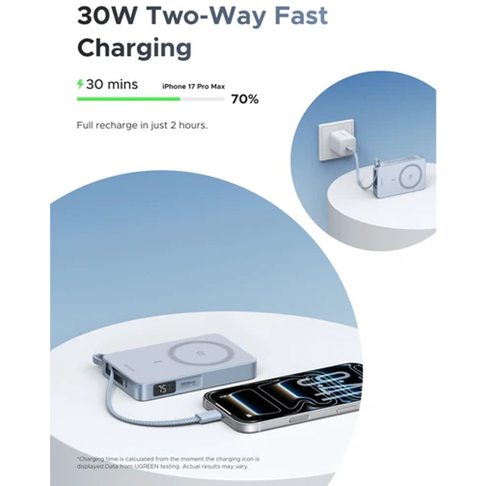 UGREEN 65958B 25W 10000mAh Magflow QI2 Magnetic Wireless With Type-C Built-in Cable Power Bank