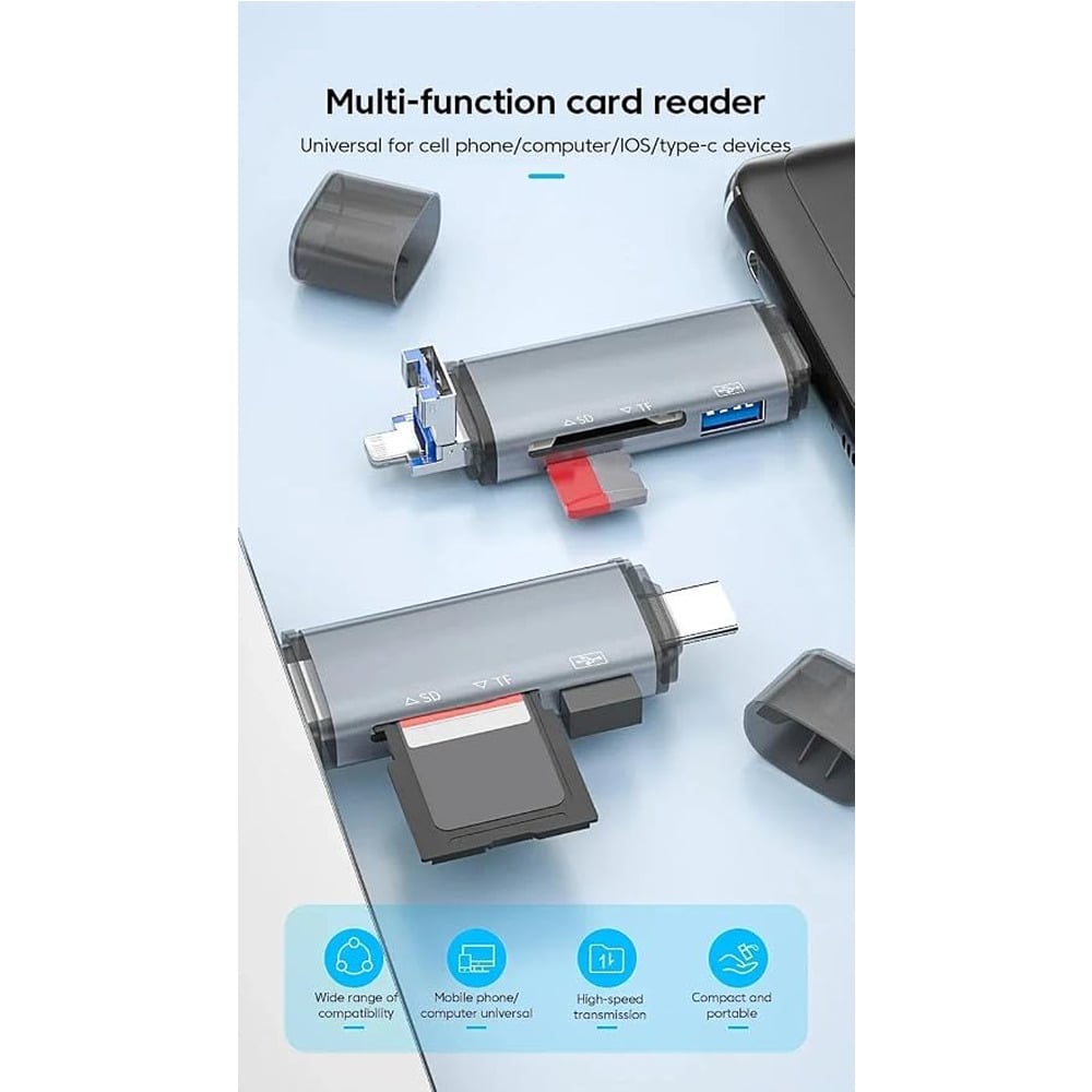 ADS-306 Multi Port 6 in 1 USB 3.0 + Type-C + Lightning Memory Card Reader Adapter