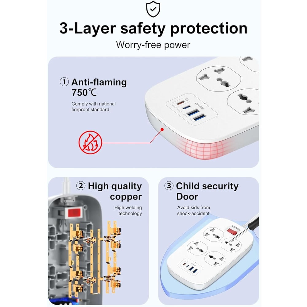 LDNIO SC4407C Defender Series 4 Power Socket + 2 USB + 2 Type-C  Extension Power Cord