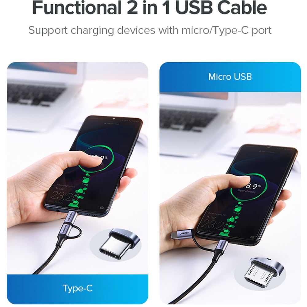 UGREEN 30875 USB to Micro USB + Type-C 1M Cable
