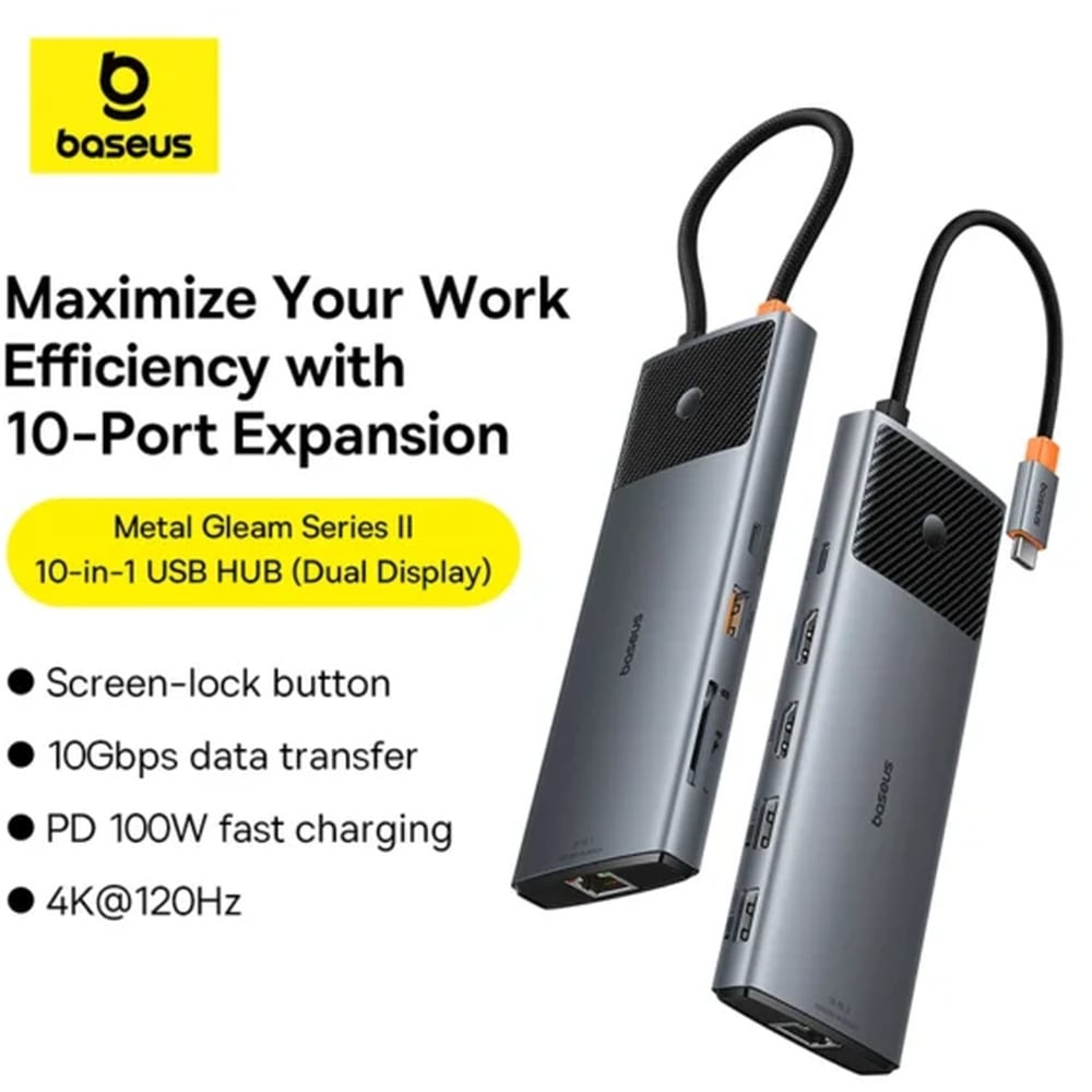 Baseus Metal Gleam Series II 10-in-1 Type-C to 1*HDMI4K@120Hz + 1*HDMI4K@60Hz + 1*USB-A(10Gbps) + 1*USB-C(10Gbps) + 2*USB-A (480Mbps) + 1*RJ45 + 1*SD/TF + 1*USB-C(PD) Hub Adapter