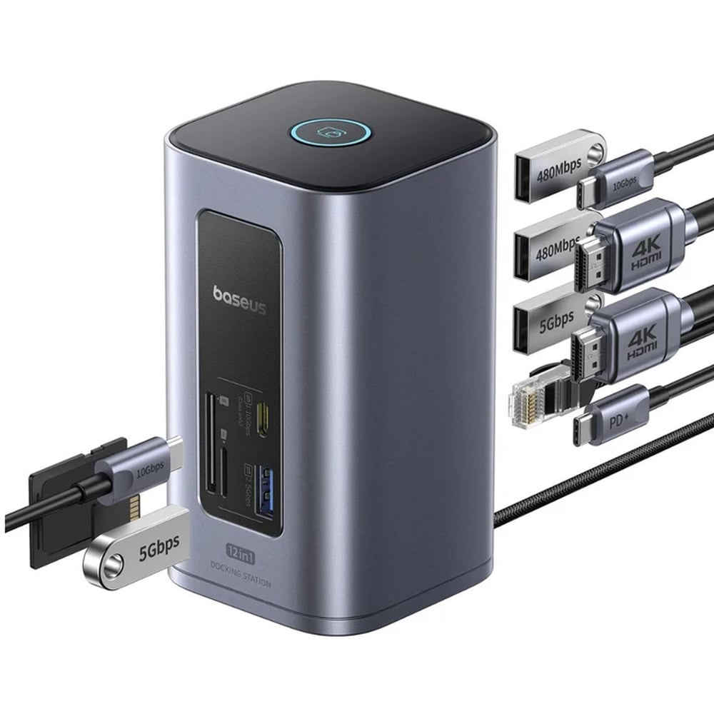 Baseus NU1 Air Spacemate 12-in-1 USB-C to 2*HDMI 4K@60Hz + 2*USB-C (10Gbps) + 2*USB-A (5Gbps) + 2*USB-A (480Mbps) + 1*RJ45+SD/TF 3.0 + 1*USB-C (PD) Docking Station
