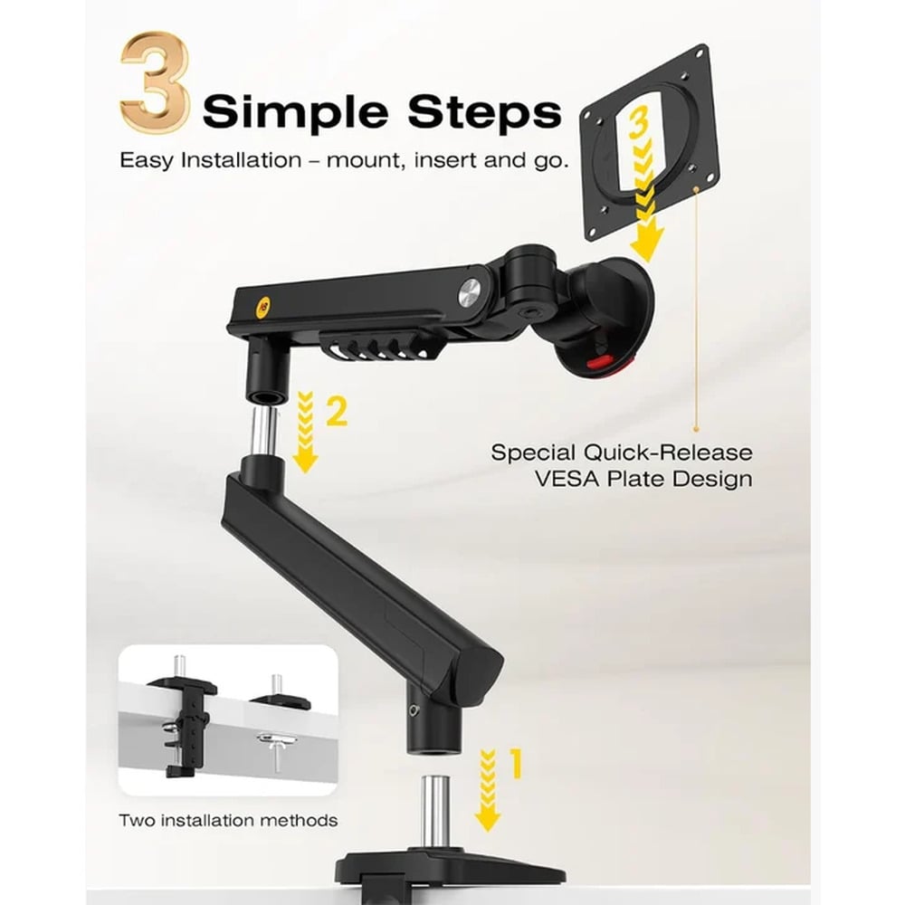 NB A3 Ergonomic Aluminum Alloy Monitor Arm with Quick-Install, Supports 17-32 Inch Computer Screen Bracket, Upto 9kg Load Capacity