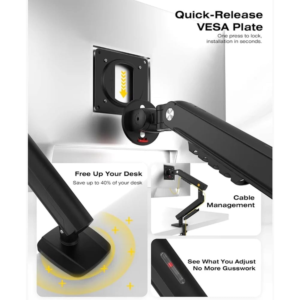 NB A3 Ergonomic Aluminum Alloy Monitor Arm with Quick-Install, Supports 17-32 Inch Computer Screen Bracket, Upto 9kg Load Capacity